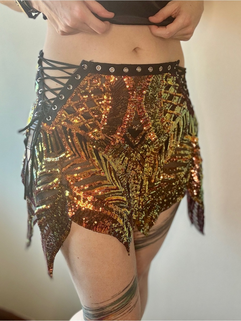 Disco Lemonade Sequin Lace Up Festival Rave Skirt OS